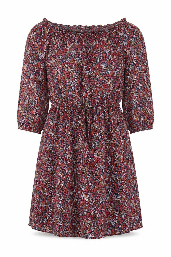 Front view of Monsoon women’s multicoloured floral viscose a-line, size M, off the shoulder pullover