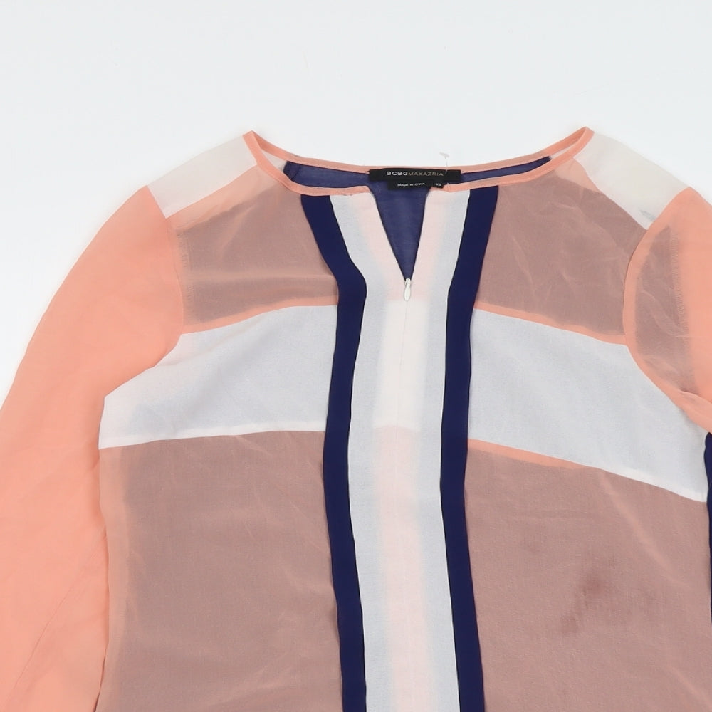 BCBGMAXAZRIA Womens Multicoloured Geometric Polyester Basic Blouse Size XS Round Neck