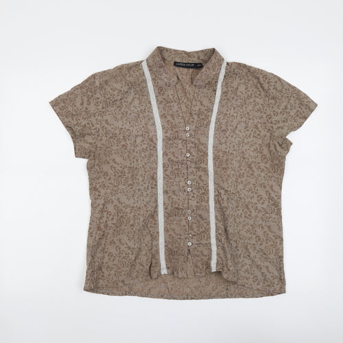 Lauren Taylor Womens Brown Geometric Cotton Basic Button-Up Size M V-Neck