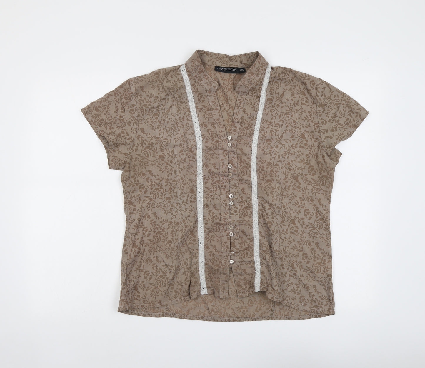 Lauren Taylor Womens Brown Geometric Cotton Basic Button-Up Size M V-Neck