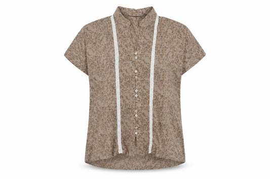Front view of Lauren Taylor women’s brown geometric cotton basic button-up, size M, v-neck