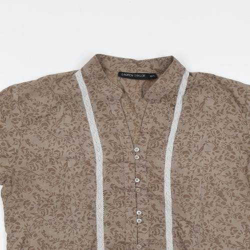 Lauren Taylor Womens Brown Geometric Cotton Basic Button-Up Size M V-Neck