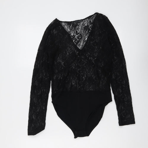 Zara Womens Black Floral Polyester Bodysuit One-Piece Size M Snap