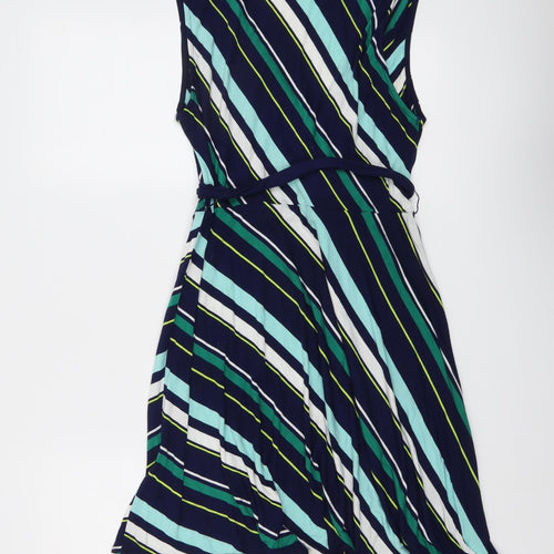 Oasis Womens Blue Striped Viscose Trapeze & Swing Size L V-Neck Pullover