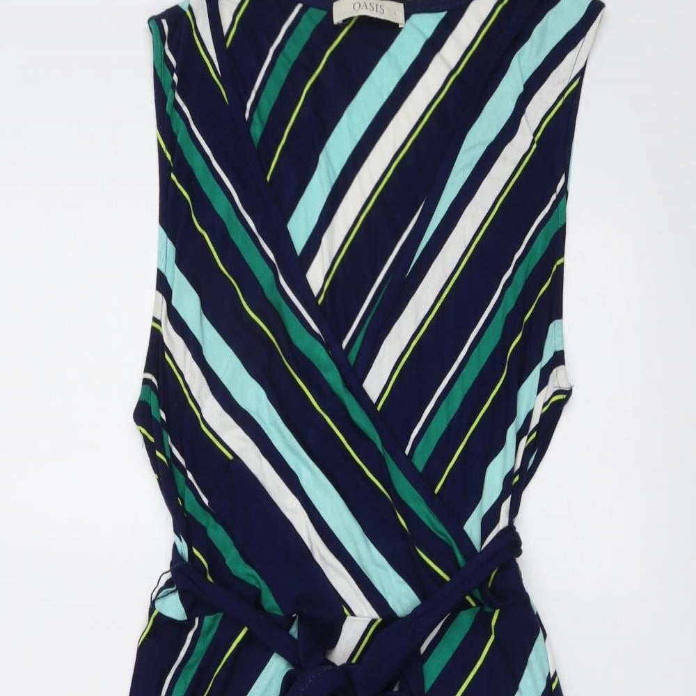 Oasis Womens Blue Striped Viscose Trapeze & Swing Size L V-Neck Pullover