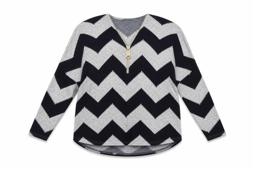 Front view of Izabel women’s blue v-neck geometric polyester jumper, size UK 10