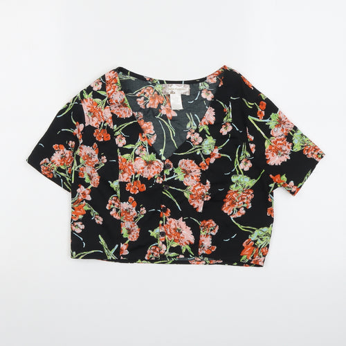 Band of Gypsies Womens Black Floral Polyester Cropped Blouse Size XS V-Neck