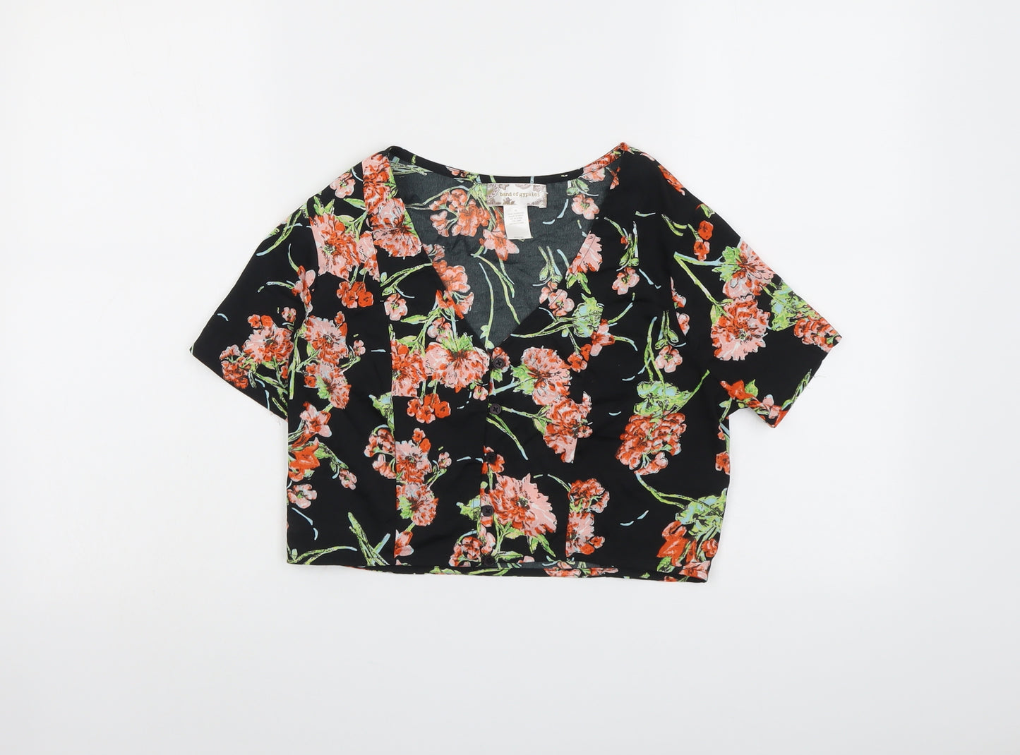 Band of Gypsies Womens Black Floral Polyester Cropped Blouse Size XS V-Neck