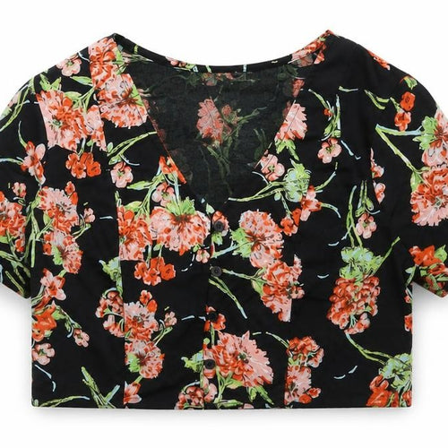 Band of Gypsies Womens Black Floral Polyester Cropped Blouse Size XS V-Neck
