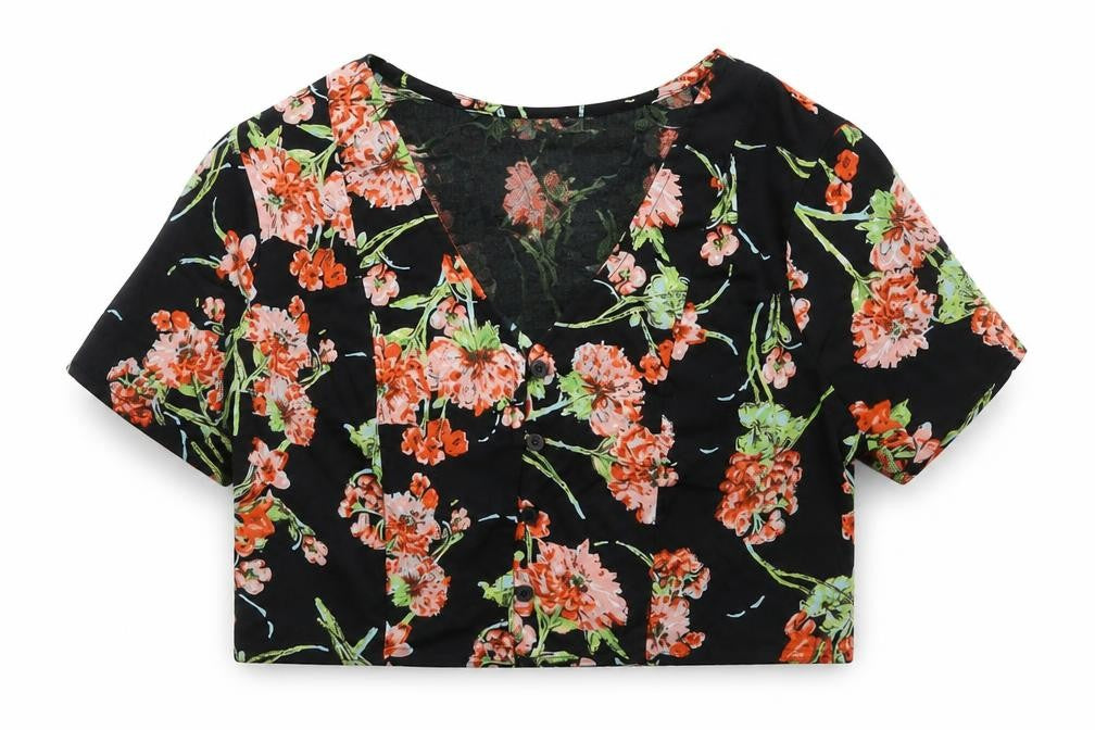 Band of Gypsies Womens Black Floral Polyester Cropped Blouse Size XS V-Neck