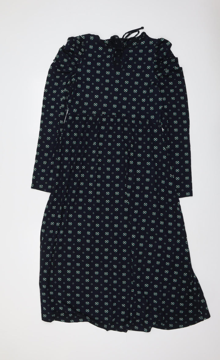Marks and Spencer Womens Blue Geometric Viscose Trapeze & Swing Size 10 Round Neck Tie