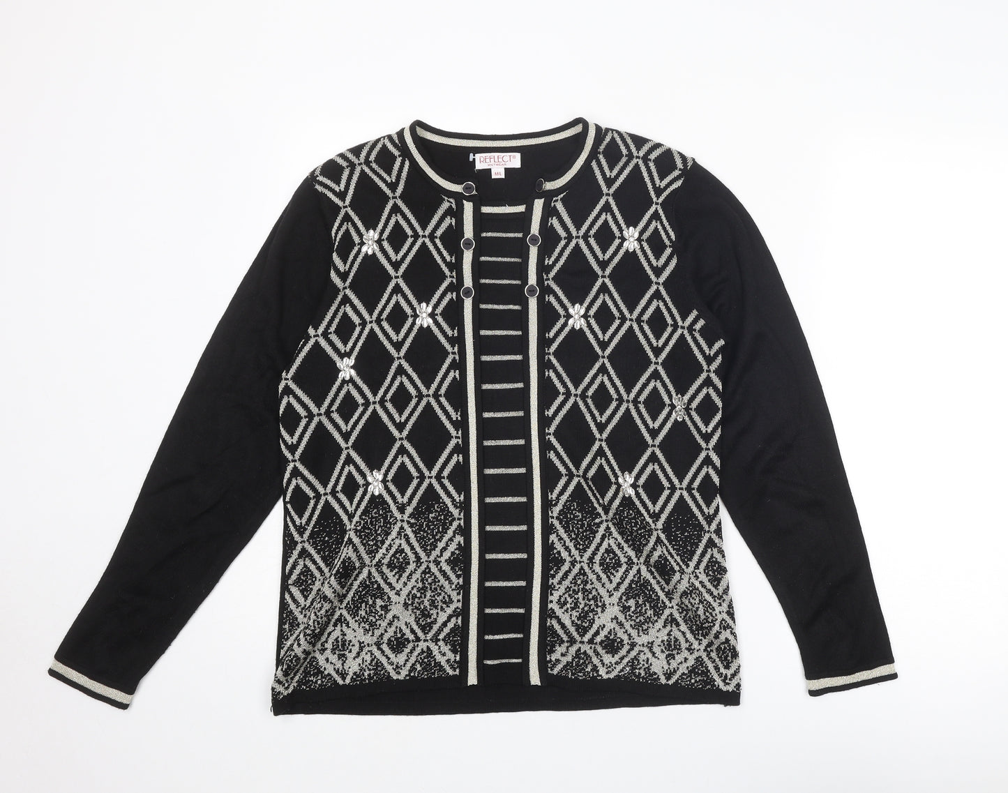 Reflect Womens Black Round Neck Geometric Acrylic Pullover Jumper Size M - Size M-L