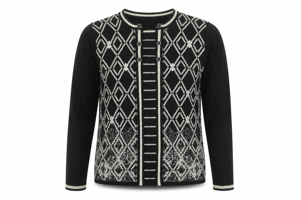 Front view of Reflect women’s black round neck geometric acrylic jumper, size M, -, size M-l