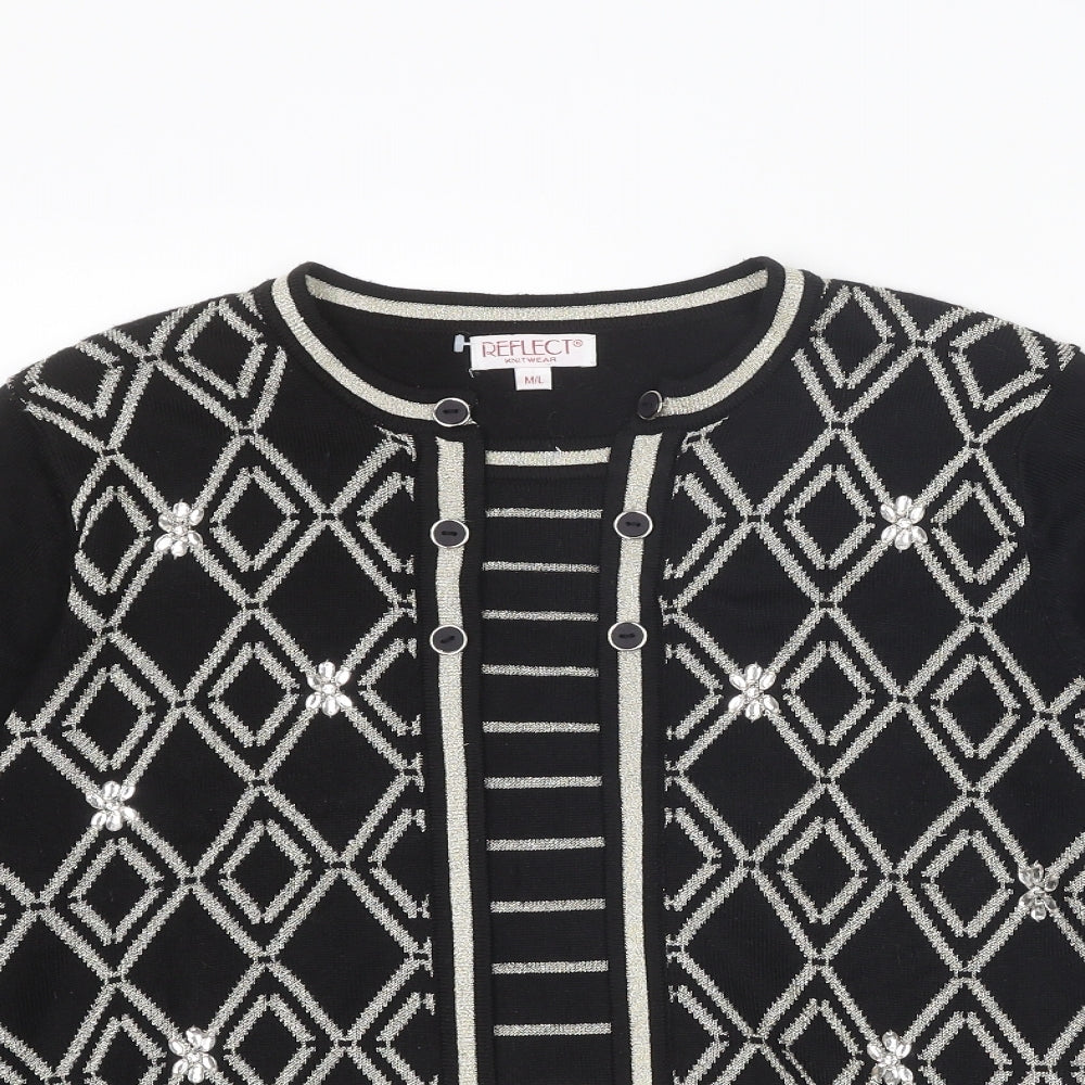 Reflect Womens Black Round Neck Geometric Acrylic Pullover Jumper Size M - Size M-L