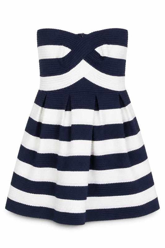 Front view of Blue Vanilla women’s blue striped polyester a-line, size S, off the shoulder zip