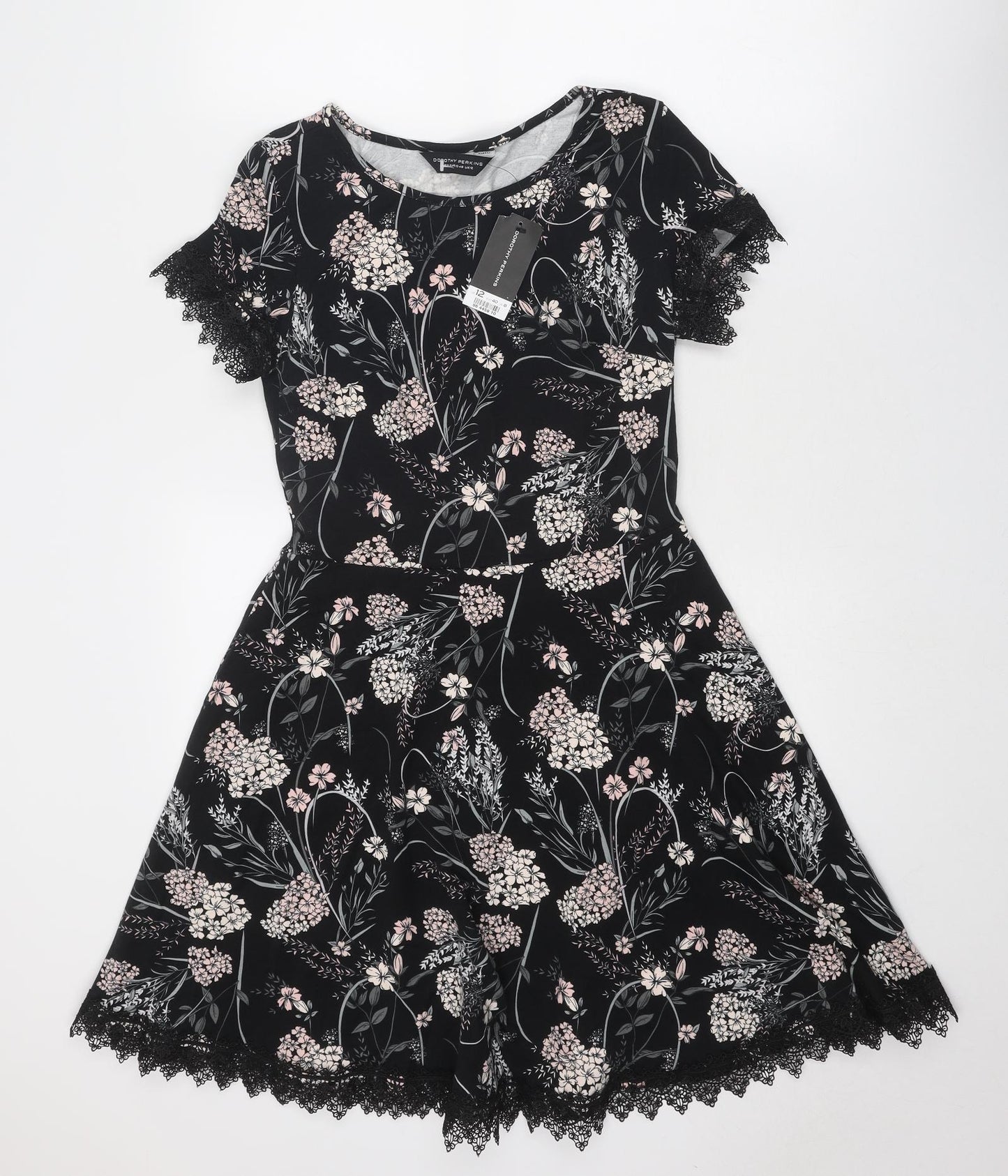Dorothy Perkins Womens Black Floral Cotton Fit & Flare Size 12 Round Neck Pullover