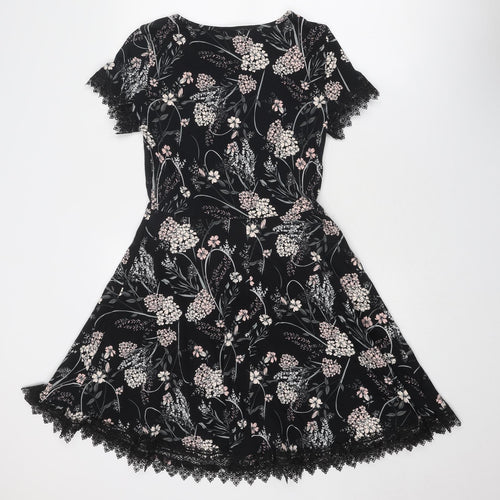 Dorothy Perkins Womens Black Floral Cotton Fit & Flare Size 12 Round Neck Pullover