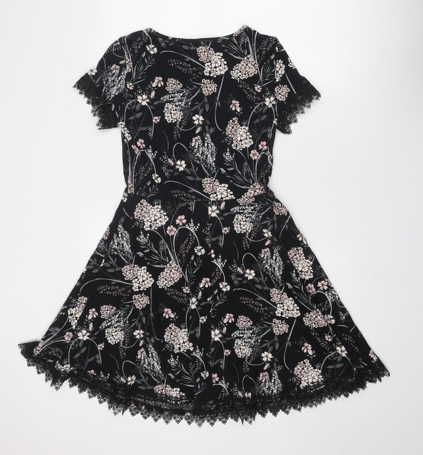 Dorothy Perkins Womens Black Floral Cotton Fit & Flare Size 12 Round Neck Pullover