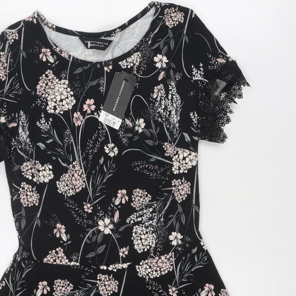 Dorothy Perkins Womens Black Floral Cotton Fit & Flare Size 12 Round Neck Pullover