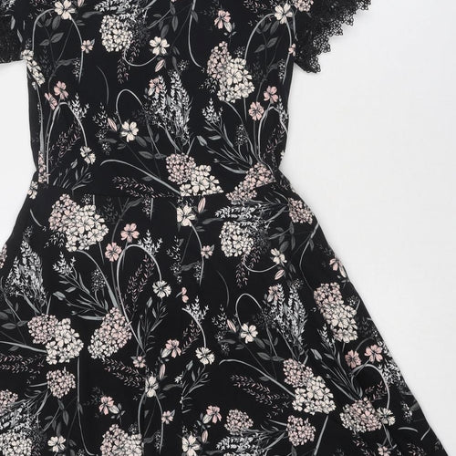 Dorothy Perkins Womens Black Floral Cotton Fit & Flare Size 12 Round Neck Pullover