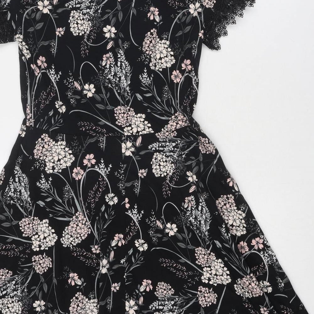 Dorothy Perkins Womens Black Floral Cotton Fit & Flare Size 12 Round Neck Pullover