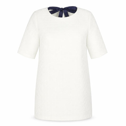 Front view of FRNCH women’s white geometric polyester a-line, size M, round neck zip