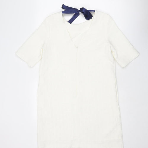 FRNCH Womens White Geometric Polyester A-Line Size M Round Neck Zip