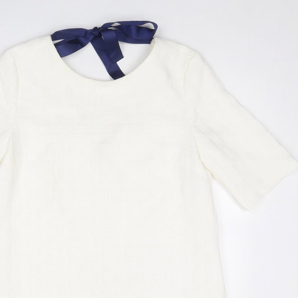 FRNCH Womens White Geometric Polyester A-Line Size M Round Neck Zip