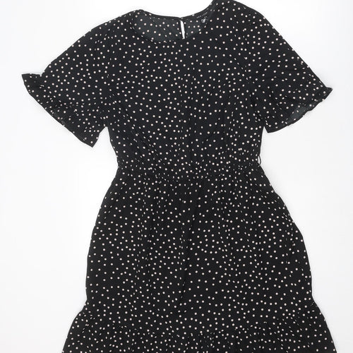New Look Womens Black Polka Dot Polyester Skater Dress Size 14 Round Neck Button