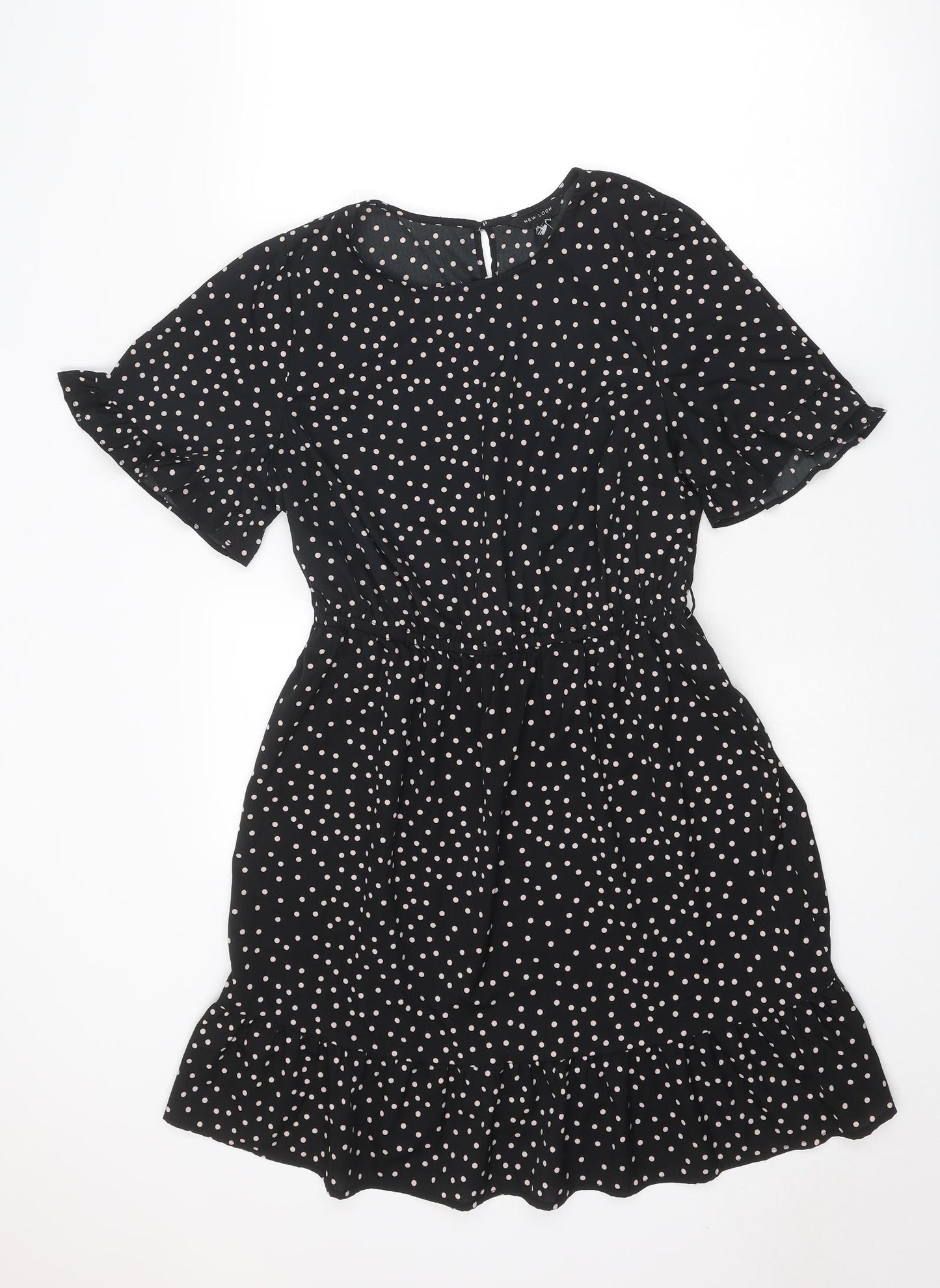 New Look Womens Black Polka Dot Polyester Skater Dress Size 14 Round Neck Button