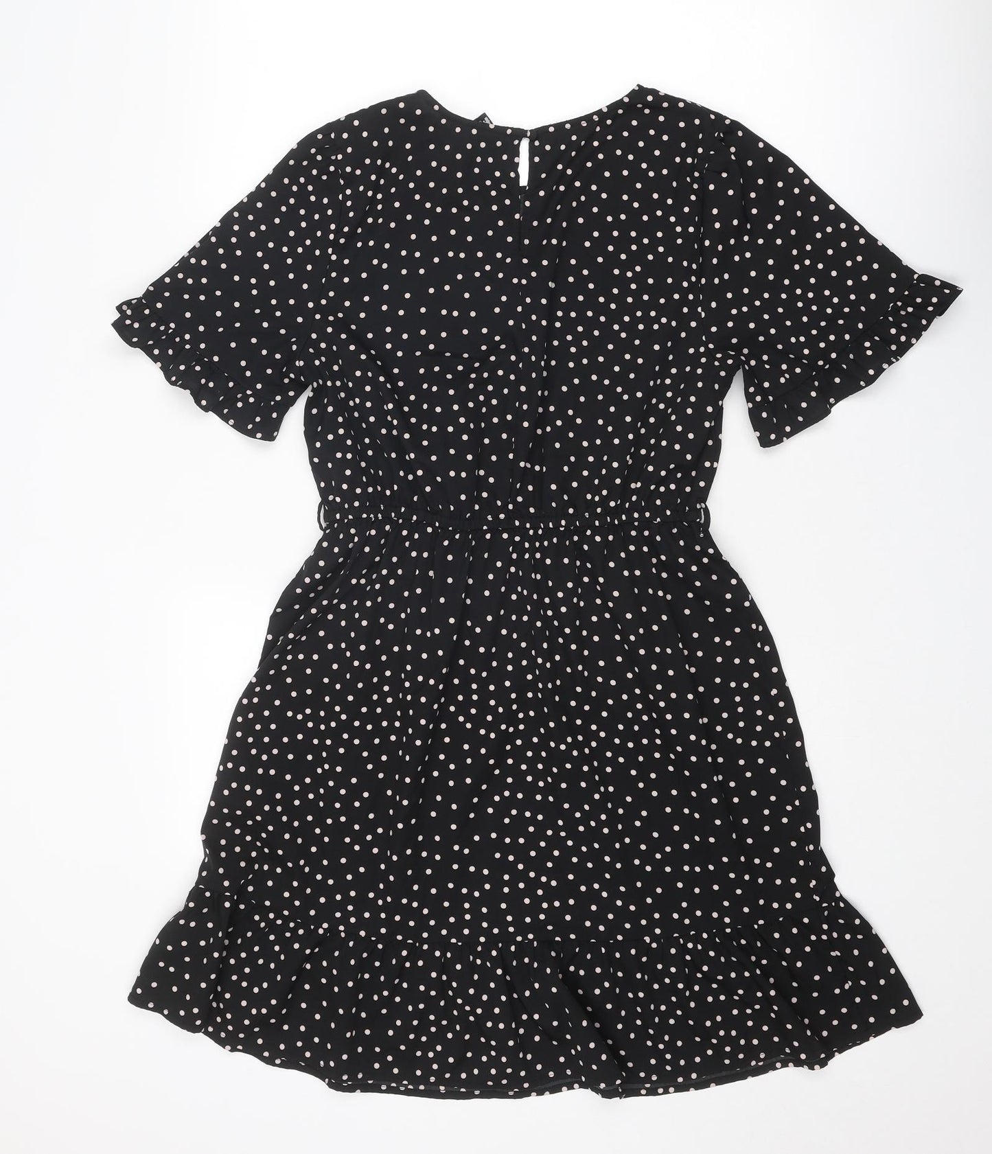 New Look Womens Black Polka Dot Polyester Skater Dress Size 14 Round Neck Button