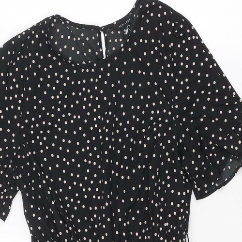 New Look Womens Black Polka Dot Polyester Skater Dress Size 14 Round Neck Button