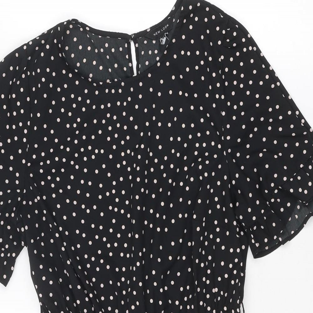 New Look Womens Black Polka Dot Polyester Skater Dress Size 14 Round Neck Button
