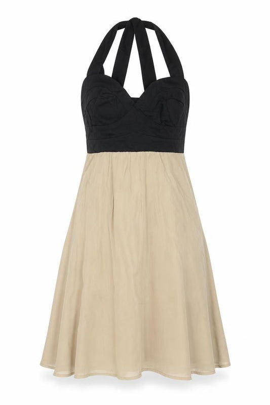 Front view of ASOS women’s beige colourblock cotton fit & flare, size UK 8, sweetheart zip