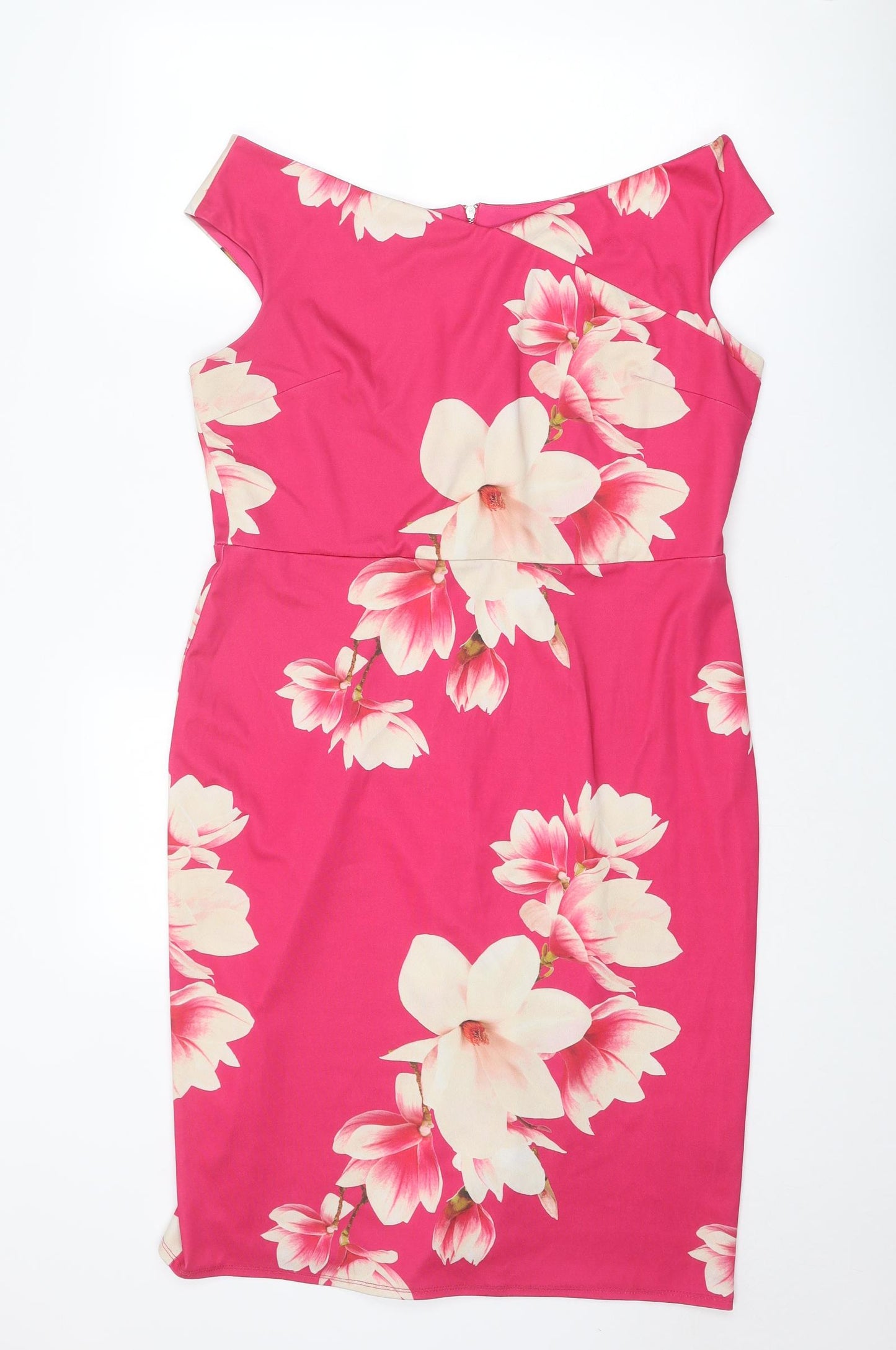 Dorothy Perkins Womens Pink Floral Polyester A-Line Size 16 Boat Neck Zip