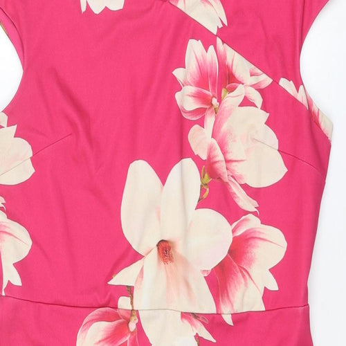 Dorothy Perkins Womens Pink Floral Polyester A-Line Size 16 Boat Neck Zip