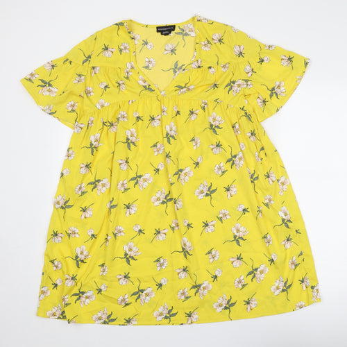 Wednesday's Girl Womens Yellow Floral Polyester T-Shirt Dress Size S V-Neck Pullover