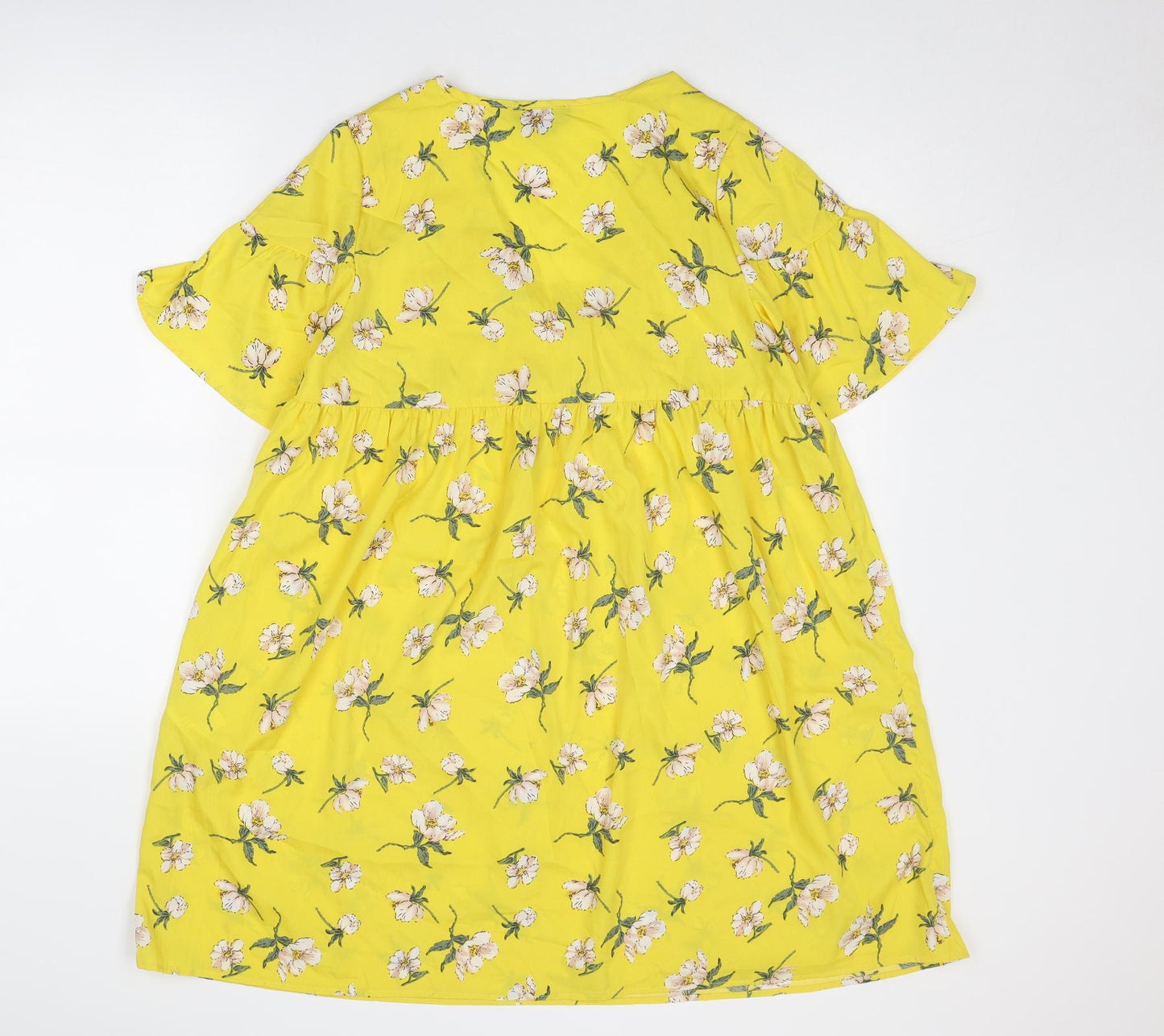 Wednesday's Girl Womens Yellow Floral Polyester T-Shirt Dress Size S V-Neck Pullover