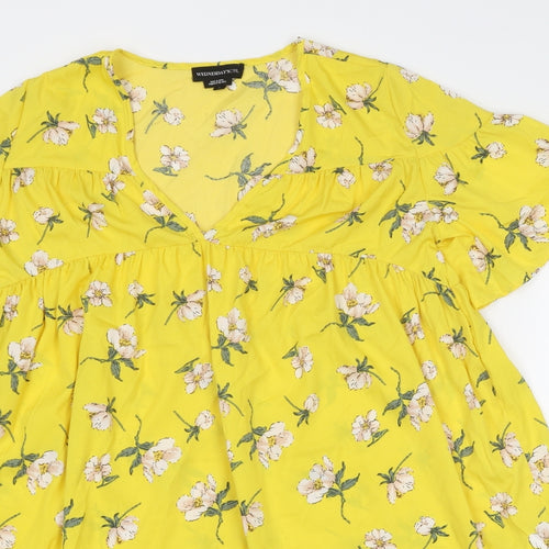 Wednesday's Girl Womens Yellow Floral Polyester T-Shirt Dress Size S V-Neck Pullover