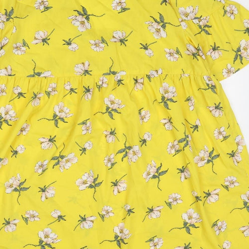 Wednesday's Girl Womens Yellow Floral Polyester T-Shirt Dress Size S V-Neck Pullover