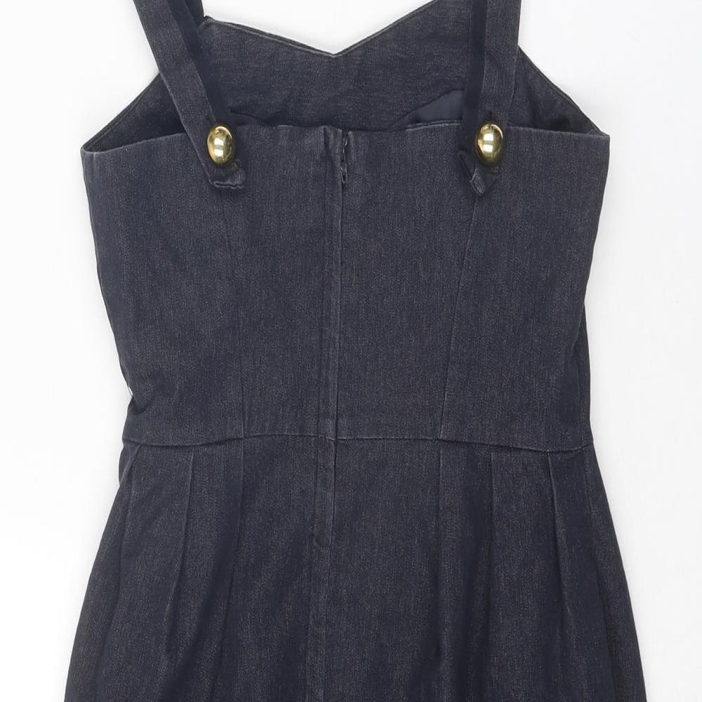 New Look Womens Blue Cotton Pinafore/Dungaree Dress Size 8 V-Neck Zip
