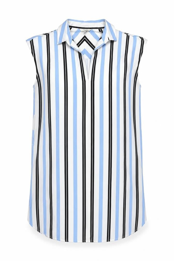 Front view of Next women’s white striped polyester shirt dress, size UK 16, collared pullover