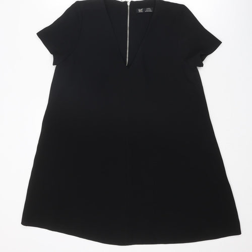 Zara Womens Black Polyester T-Shirt Dress Size S V-Neck Zip