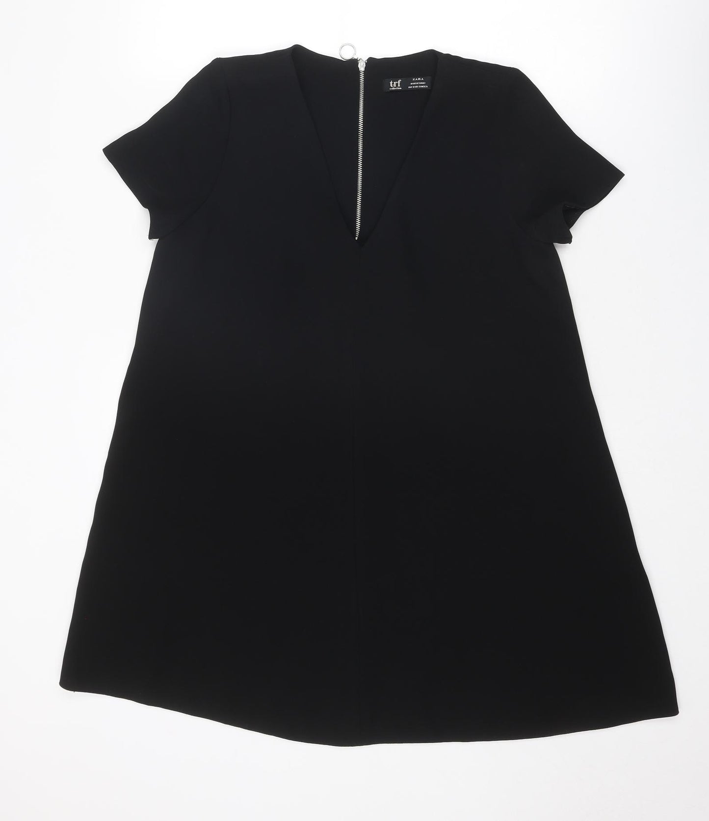 Zara Womens Black Polyester T-Shirt Dress Size S V-Neck Zip