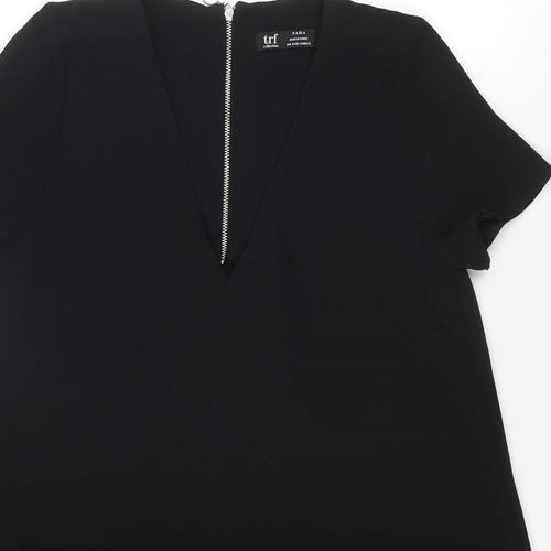 Zara Womens Black Polyester T-Shirt Dress Size S V-Neck Zip