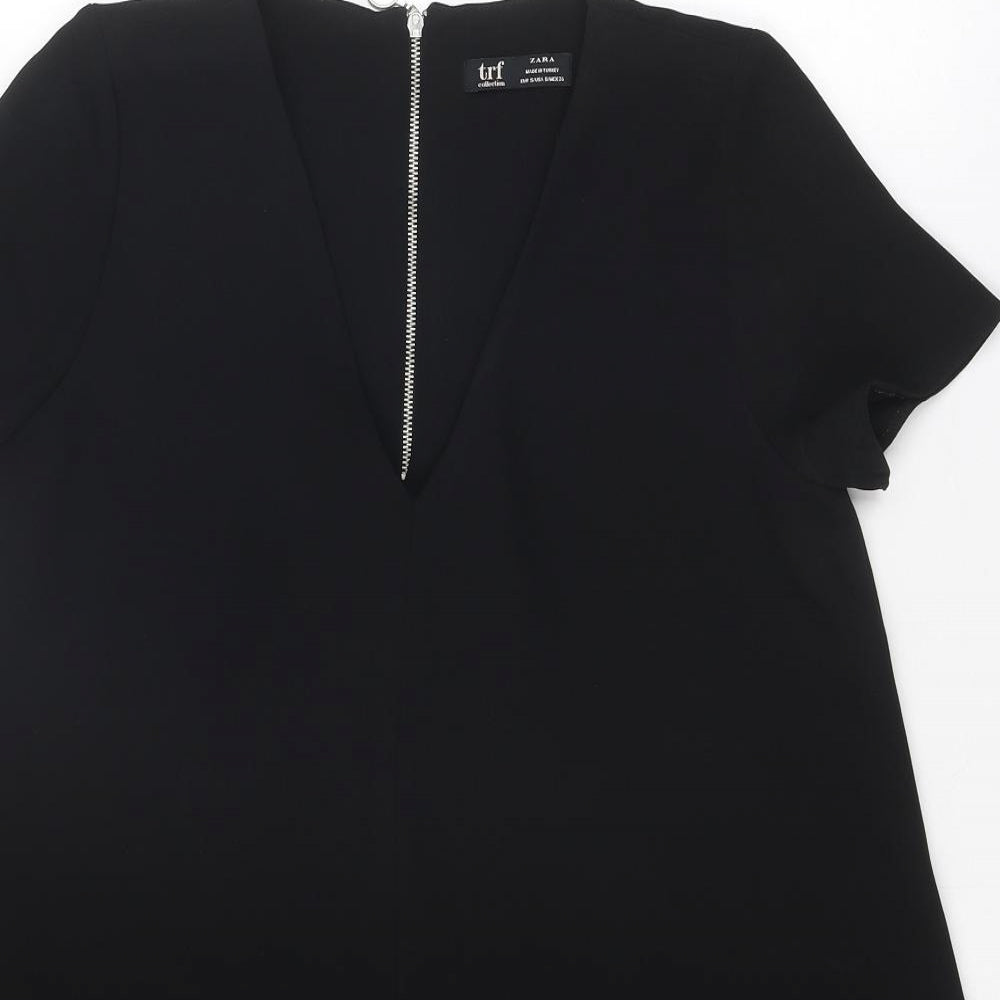 Zara Womens Black Polyester T-Shirt Dress Size S V-Neck Zip
