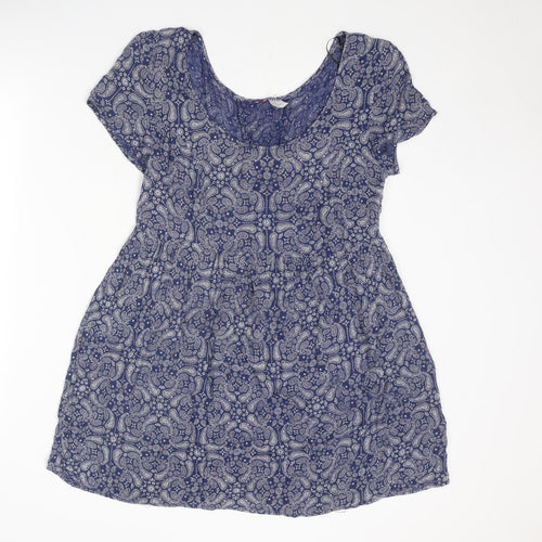 Divided by H&M Womens Blue Geometric Viscose A-Line Size 10 Round Neck Lace Up