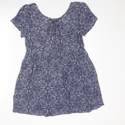 Divided by H&M Womens Blue Geometric Viscose A-Line Size 10 Round Neck Lace Up