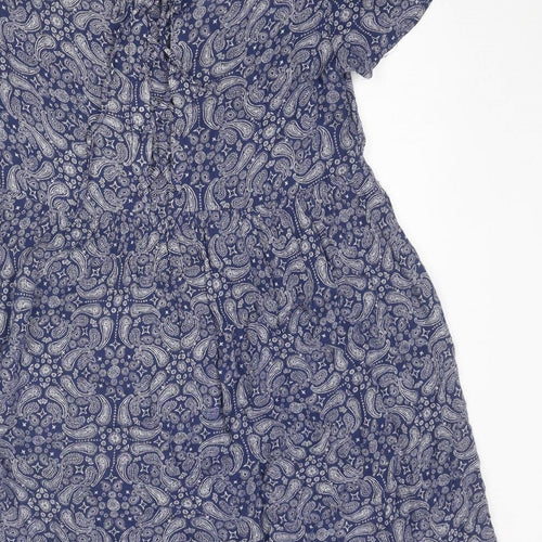 Divided by H&M Womens Blue Geometric Viscose A-Line Size 10 Round Neck Lace Up