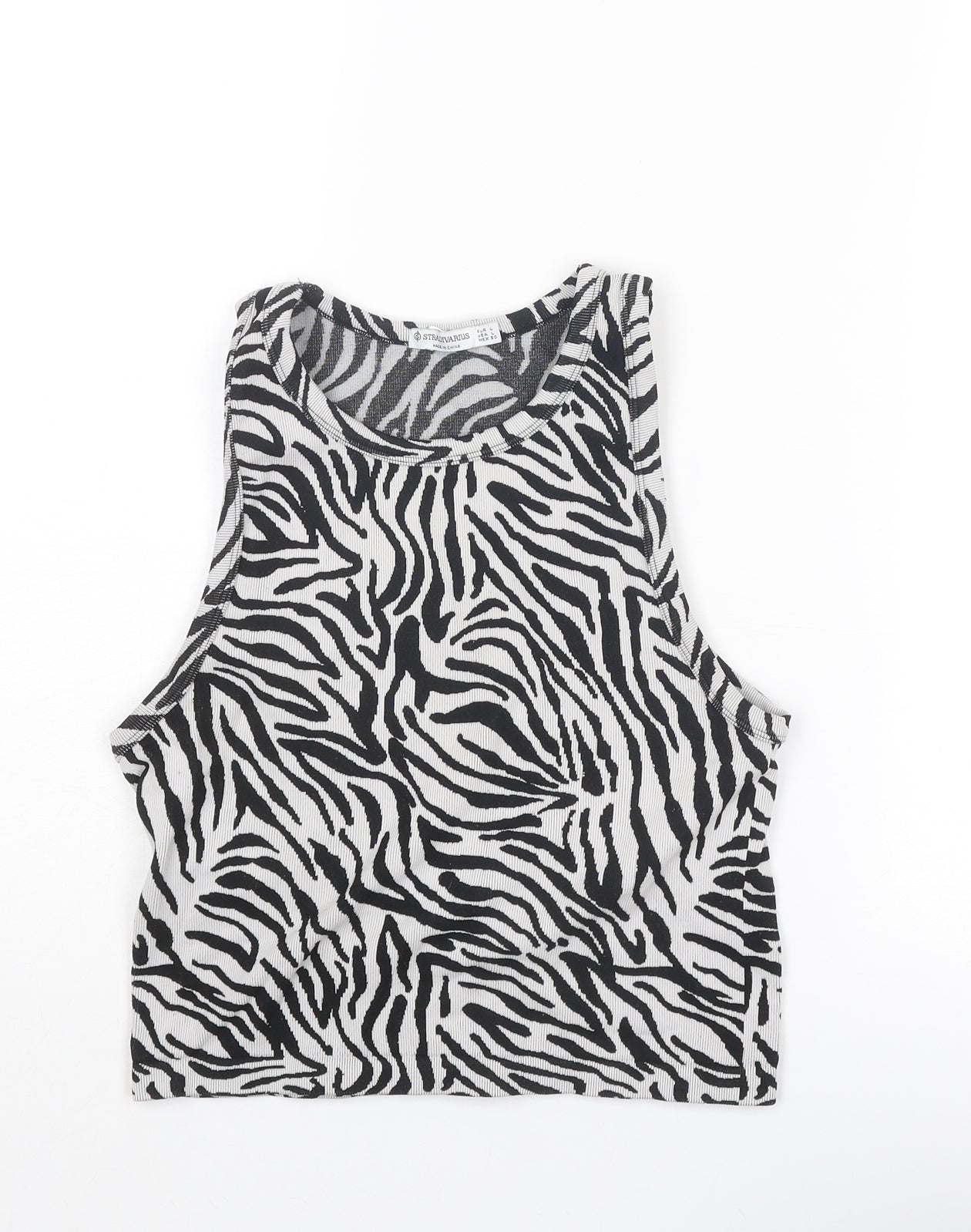Stradivarius Womens Black Animal Print Polyester Cropped Tank Size L Round Neck - Zebra Pattern